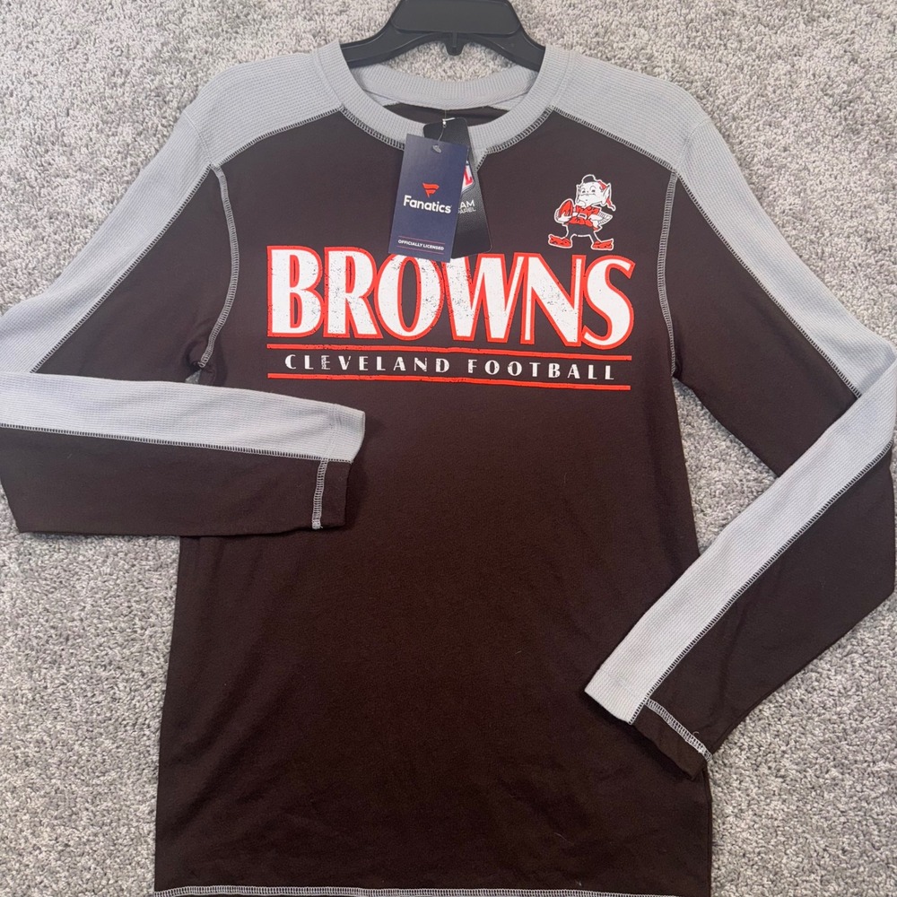 Cleveland Browns Long Sleeve Thermal Shirt Mens Small Brownie the Elf NEW - Picture 2 of 7